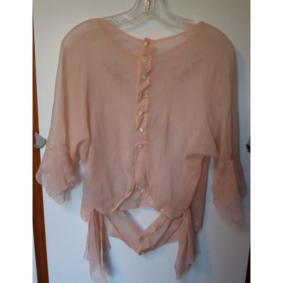 1920's Sheer Embroidered Chiffon Pink Blouse Unusual Waistline - Picture 3 of 5